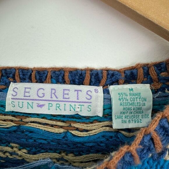 Segrets Sun Prints Teal Navy Tan Fair Isle Aztec Grandpa Chunky Knit Sweater - Picture 3 of 12